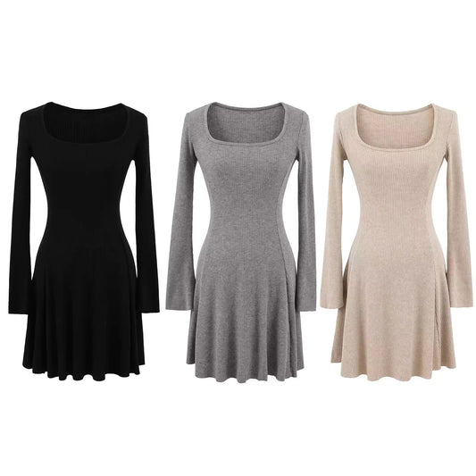 Black square neck long-sleeved knit dress for women, autumn and winter, slimming and flattering, perfect as an inner layer or sweater dress.  11439