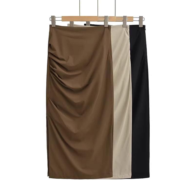 Quick-drying, sexy midi skirt for women, summer, European and American style, slit, bodycon, hot girl, pleated midi skirt  11424
