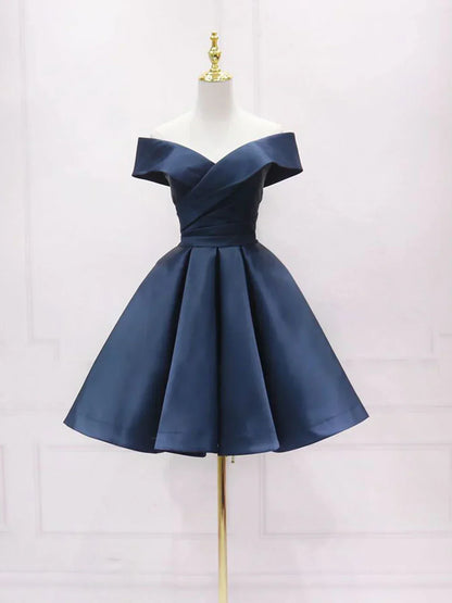 Retro Navy Blue Off-the-shoulder Design A-line Satin Party Dress Homecoming Dress HZ1024