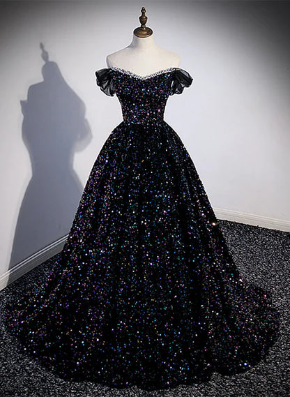 Black Sequins Off Shoulder Beaded Party Dress A-line Black Formal Dress Sparkly Evening Dress Wholesale