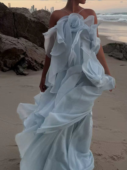 Chic Sky Blue Ruffled Tiered Evening Gown Sheath Chiffon Party Dress Long Formal Dress HZ1024