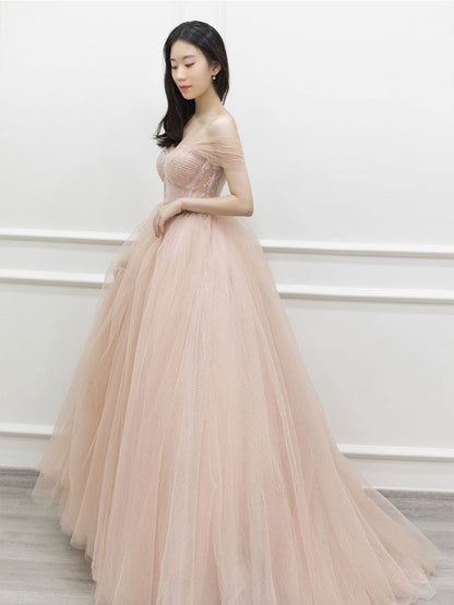 Pink  off shoulder long prom dress, pink tulle formal evening dress
