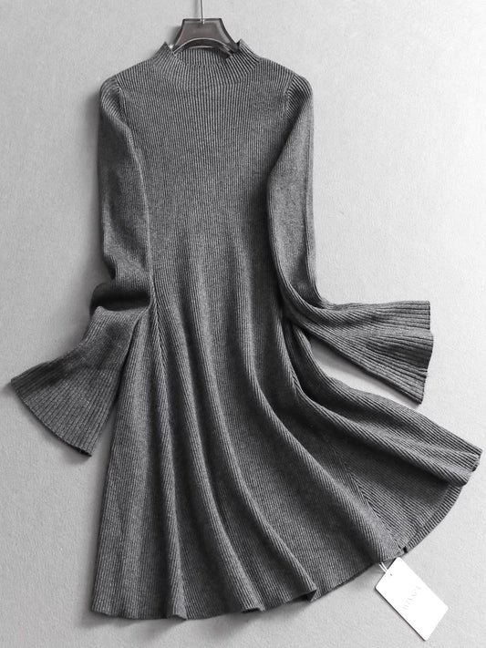 Solid color, high neck, slim fit, bell sleeve knit sweater dress, autumn and winter slim fit women's dress. 11322