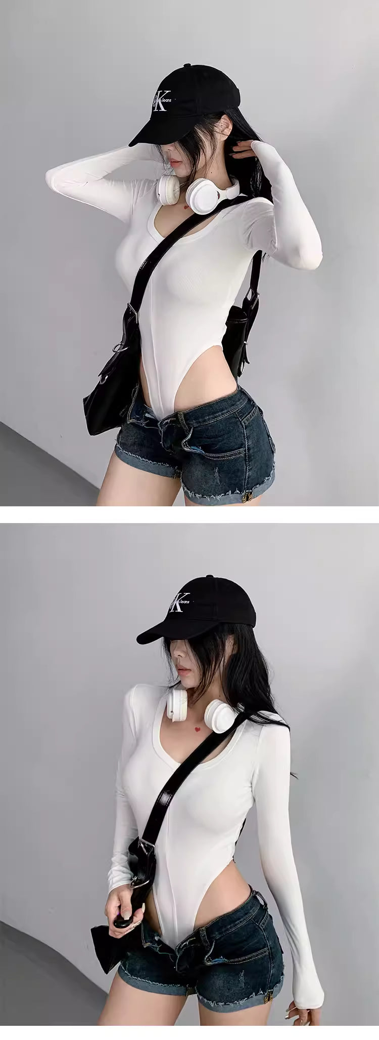 American-style sexy U-neck zippered base layer top for women, autumn stretchy tight-fitting long-sleeved solid color bodysuit T-shirt 11470