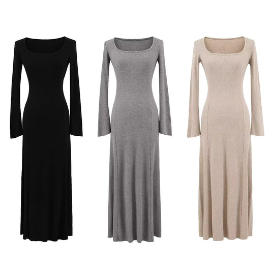 Black square neck long-sleeved knit dress for women, autumn and winter, slimming and flattering, perfect as an inner layer or sweater dress.  11438