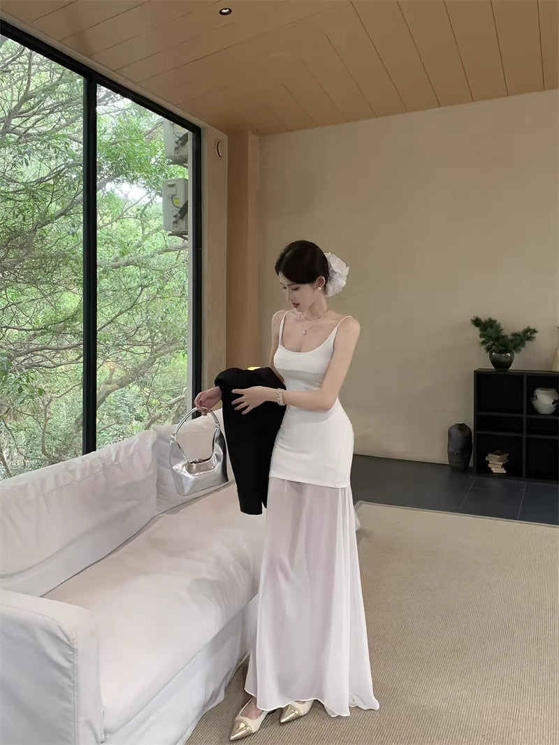 French-style white mesh slip dress, new spring style, elegant and sophisticated, petite and fitted long dress.  11454