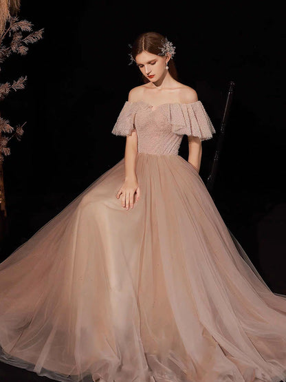 Pink Tulle A-Line Long Prom Dress, Pink Long Formal Dress