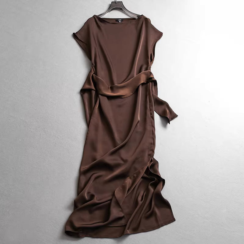 Minimalist style solid color satin flowy round neck raglan sleeve elegant commuter bodycon short sleeve dress 11299