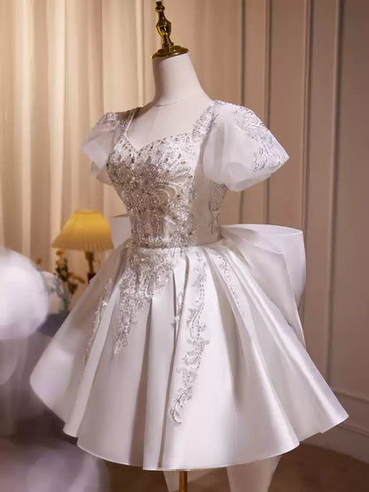 White beaded puffy short homecoming dress wedding dress party dress birthday party dress light wedding dress princess gh4606