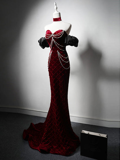 Mermaid Sweetheart Neck Velvet Burgundy Long Prom Dress, Burgundy Long Evening Dress