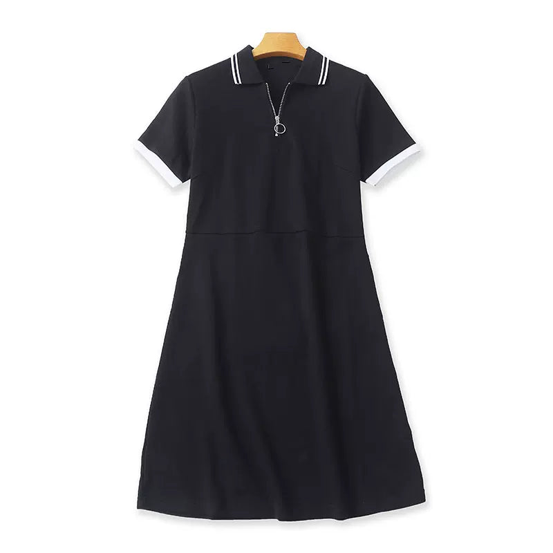 Summer high-waisted 94% cotton polo collar short-sleeved dress, elegant and flattering A-line skirt, casual and youthful.  11388