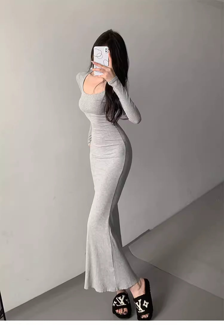 Sexy,  U-neck, bodycon, long-sleeved, figure-hugging fishtail dress, a classic style favored by Western hot girls. 11471