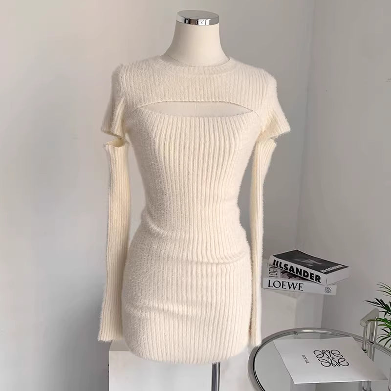 White, pure and alluring knitted dress, perfect for autumn and winter, bodycon base layer, slim fit sweater dress, trendy. 11489