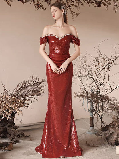 Simple Off Shoulder Sequin Mermaid Burgundy Long Prom Dress, Sequin Long Evening Dress