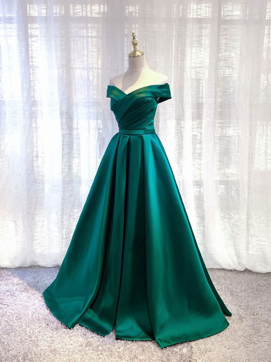 A-Line Off Shoulder Satin Green Long Prom Dress, Green Long Formal Dress
