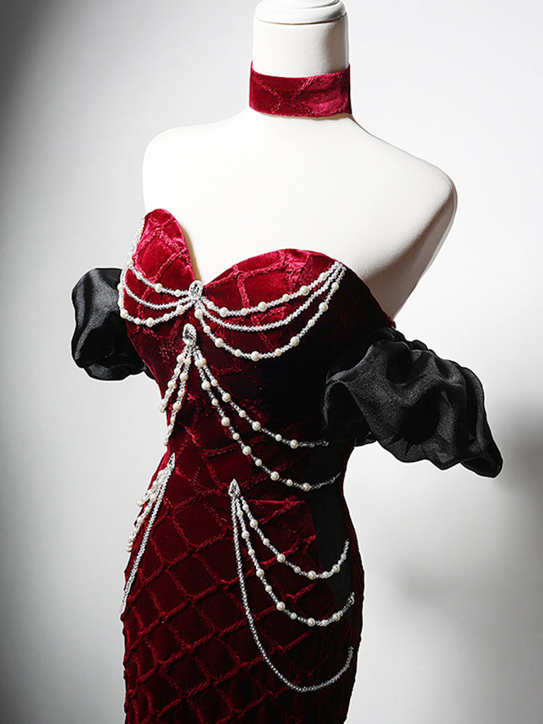 Mermaid Sweetheart Neck Velvet Burgundy Long Prom Dress, Burgundy Long Evening Dress