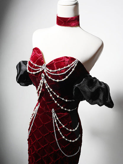 Mermaid Sweetheart Neck Velvet Burgundy Long Prom Dress, Burgundy Long Evening Dress