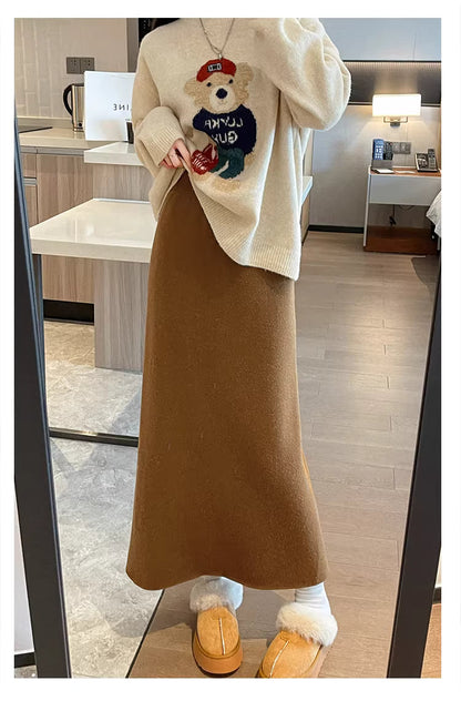 White fleece-lined, thickened faux cashmere knit midi skirt for women, winter bodycon straight A-line long skirt  11293