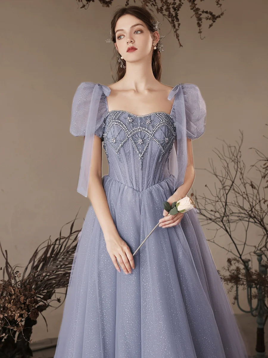 A-Line Gray Blue Long Prom Dress, Gray Blue Sequin Beads Long Formal Dress