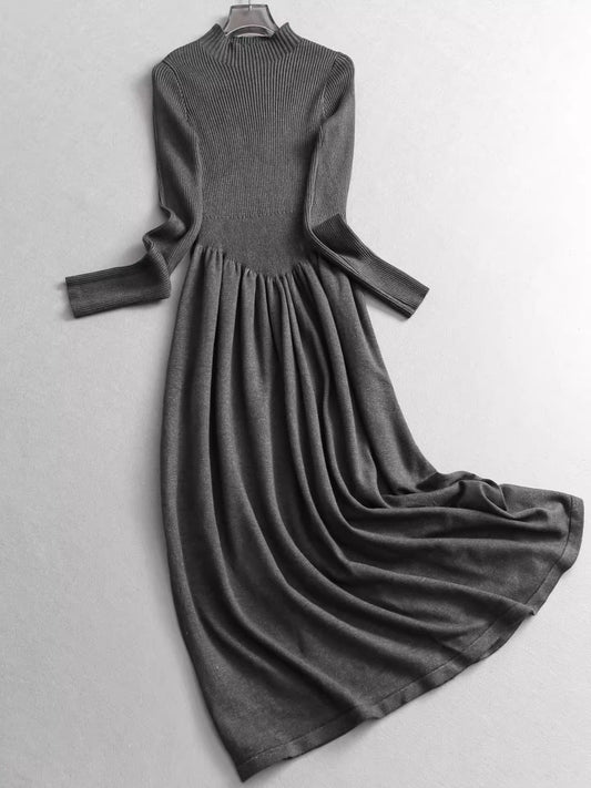 Elegant and sophisticated high-neck knitted stretch slim-fit long-sleeved sweater dress, perfect for layering as an inner dress.  11324