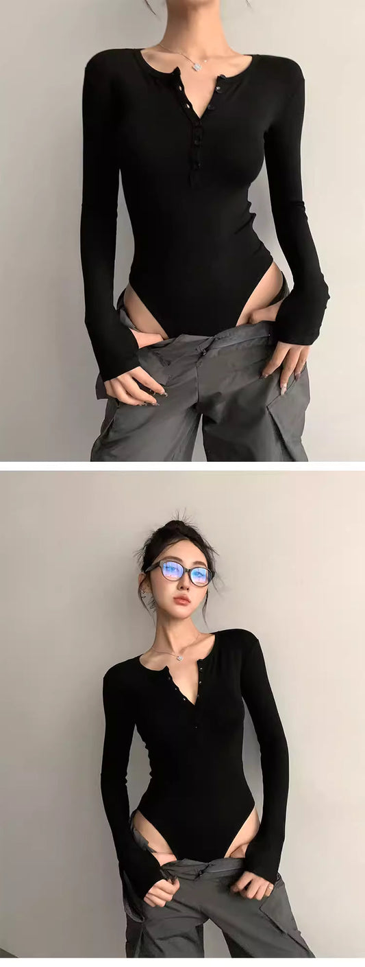 Autumn/Winter Sexy Low-Neck Single-Breasted Jumpsuit Bodysuit Slimming Long-Sleeved T-Shirt Sweet and Spicy Base Layer Top 11467
