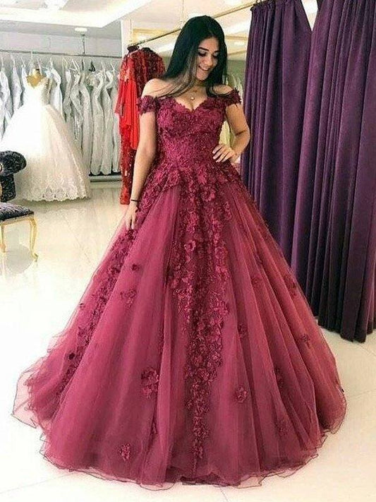 Ball Gown Sleeveless Off-the-Shoulder Sweep/Brush Train Applique Tulle Dresses - RongMoon