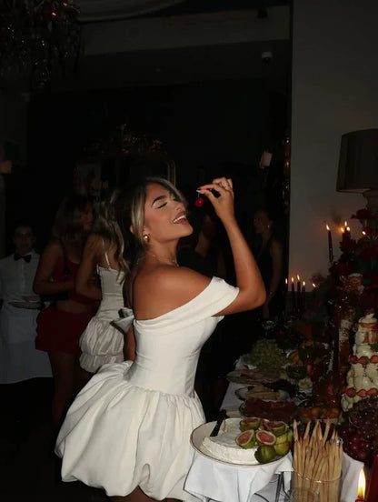 Sexy Ivory Satin Off-the-shoulder Sweetheart Short A-Line Party Dress Cocktail Dress Homecoming Dress HZ1024