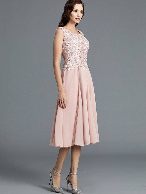 A-Line/Princess Sleeveless Scoop Tea-Length Chiffon Mother of the Bride Dresses - RongMoon