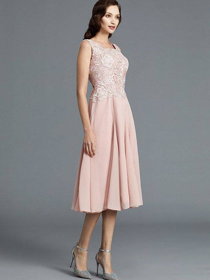 A-Line/Princess Sleeveless Scoop Tea-Length Chiffon Mother of the Bride Dresses - RongMoon