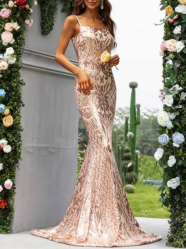 Mermaid / Trumpet Sparkle Sexy Engagement Formal Evening Dress Spaghetti Strap Strapless Sleeveless Sweep / Brush Train Stretch Fabric with Sequin - RongMoon