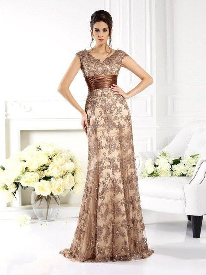 A-Line/Princess V-neck Ruffles Sleeveless Long Lace Mother of the Bride Dresses - RongMoon