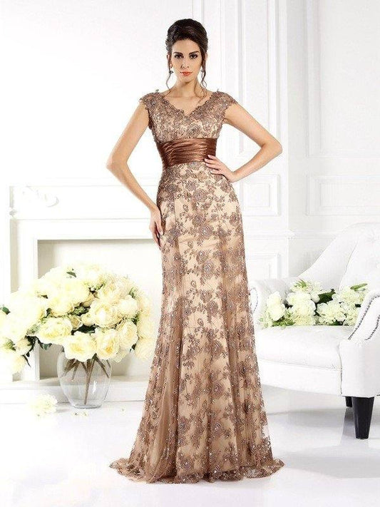 A-Line/Princess V-neck Ruffles Sleeveless Long Lace Mother of the Bride Dresses - RongMoon