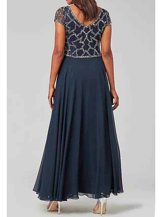 A-Line Mother of the Bride Dress Elegant V Neck Floor Length Tulle Polyester Short Sleeve with Sequin - RongMoon