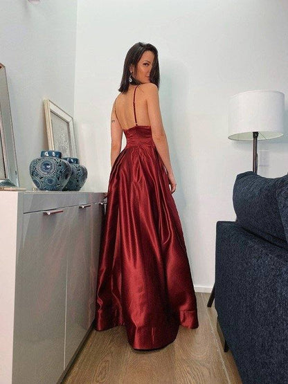 A-Line/Princess Ruffles V-neck Satin Sweep/Brush Train Sleeveless Dresses - RongMoon