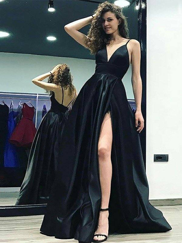 A-Line V-neck Sleeveless Floor-Length With Ruffles Satin Dresses - RongMoon