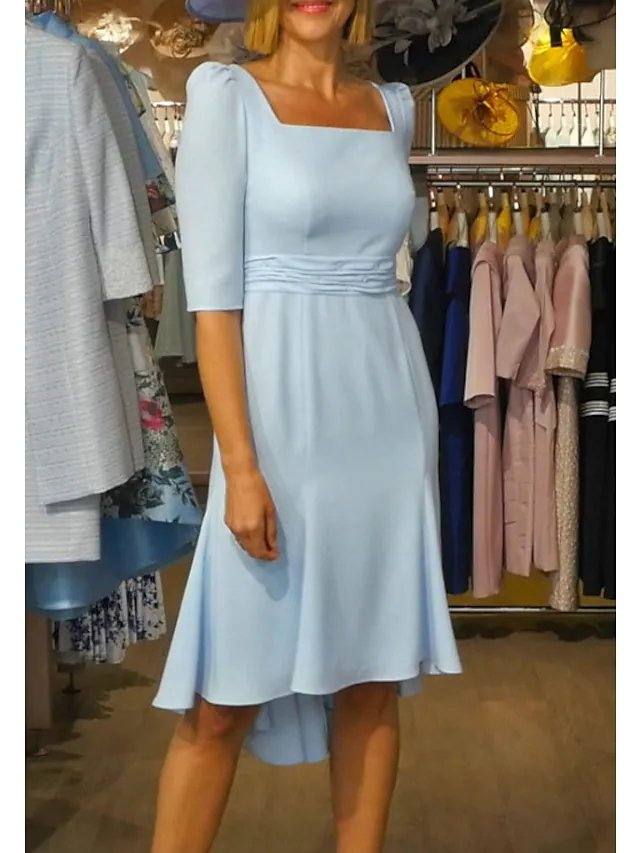 A-Line Mother of the Bride Dress Elegant Scoop Neck Short / Mini Polyester Half Sleeve with Pleats - RongMoon