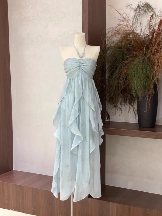 Classy Halter Chiffon Blue Party Dress Birthday Dress  cc3051