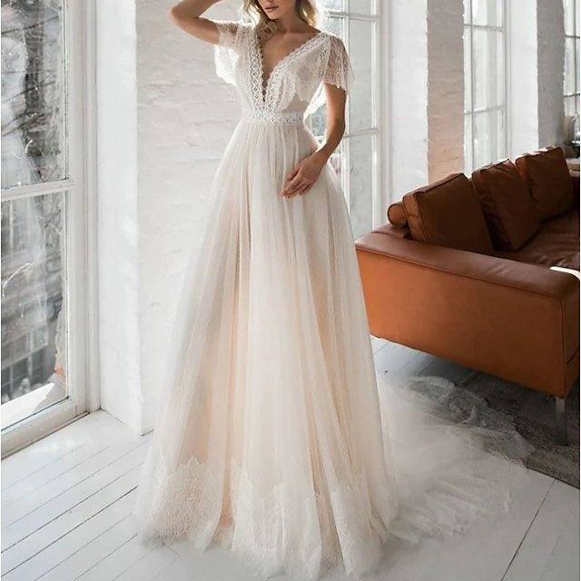 A-Line Wedding Dresses V Neck Sweep / Brush Train Lace Tulle Short Sleeve Simple Beach Sexy with Pleats Appliques - RongMoon