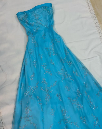Chic Strapless Blue A Line Tulle Sequins Party Dress,Formal Prom Evening Dress cc2608