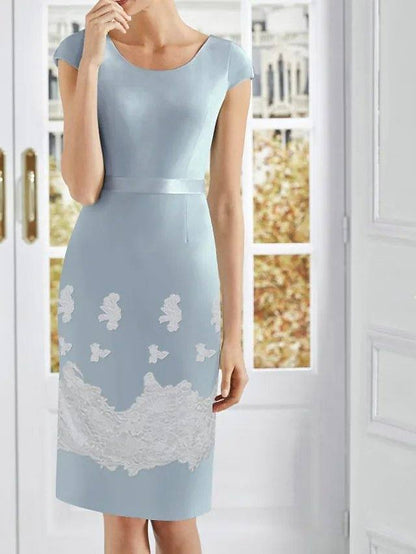 Two Piece Sheath / Column Mother of the Bride Dress Elegant Jewel Neck Knee Length Lace Satin 3/4 Length Sleeve with Appliques - RongMoon