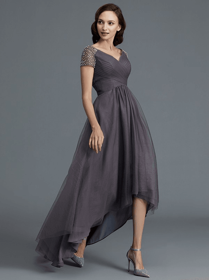 A-Line/Princess V-neck Short Sleeves Asymmetrical Tulle Mother of the Bride Dresses - RongMoon