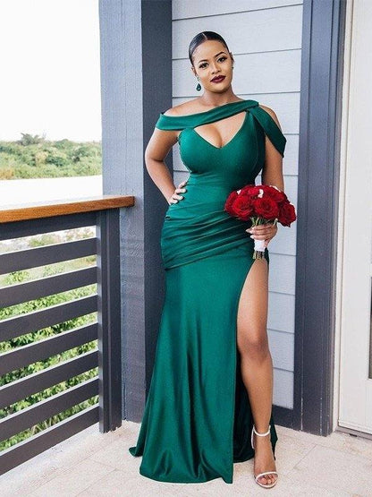 Sheath/Column Off-the-Shoulder Elastic Woven Satin Ruched Sleeveless Sweep/Brush Train Bridesmaid Dresses - RongMoon