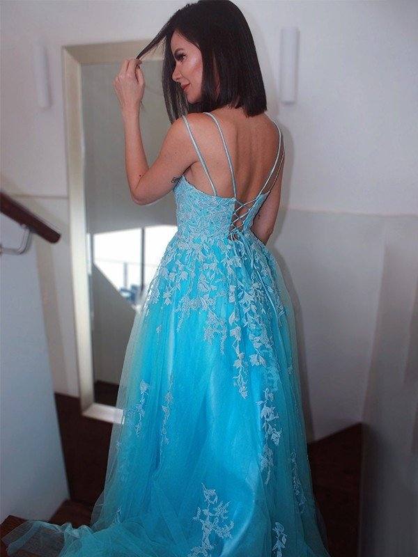 A-Line/Princess Spaghetti Straps Tulle Sleeveless Applique Sweep/Brush Train Dresses - RongMoon