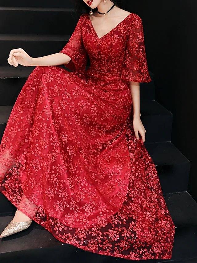 A-Line Floral Engagement Prom Dress V Neck Half Sleeve Ankle Length Lace with Pleats Lace Insert - RongMoon