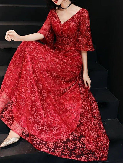 A-Line Floral Engagement Prom Dress V Neck Half Sleeve Ankle Length Lace with Pleats Lace Insert - RongMoon