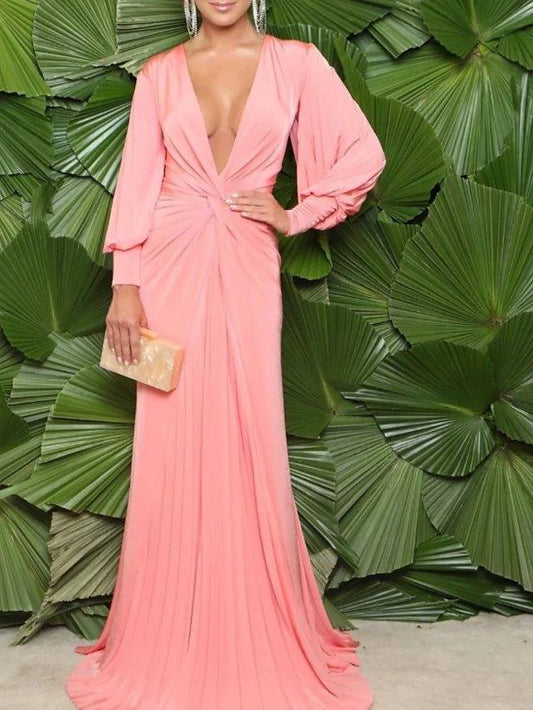 A-Line Minimalist Sexy Engagement Formal Evening Dress V Neck Long Sleeve Sweep / Brush Train Chiffon with Pleats Draping - RongMoon