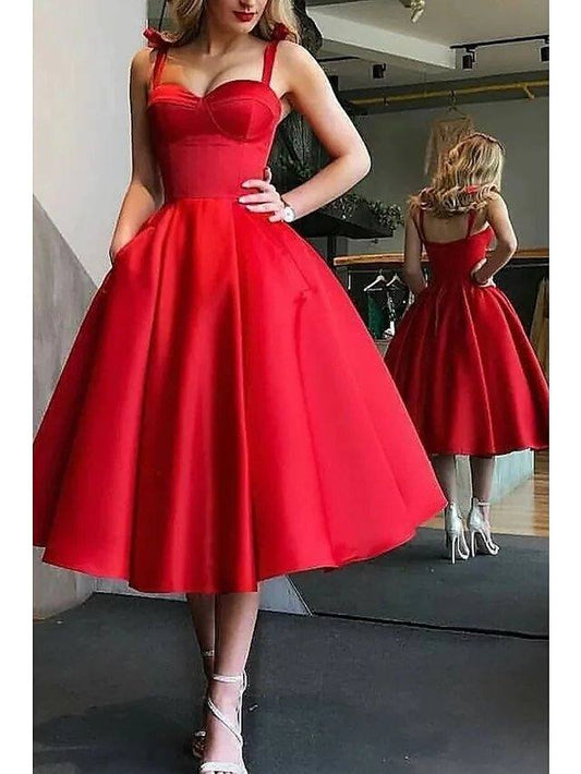 Ball Gown Minimalist Party Wear Prom Valentine's Day Dress Spaghetti Strap Sleeveless Tea Length Satin with Pleats - RongMoon