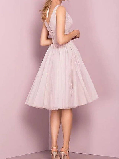 A-Line Flirty Empire Homecoming Cocktail Party Dress V Neck Sleeveless Knee Length Tulle with Pleats - RongMoon
