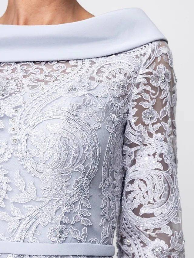 Sheath / Column Mother of the Bride Dress Elegant Jewel Neck Knee Length Satin 3/4 Length Sleeve with Sash / Ribbon Appliques Split Front - RongMoon