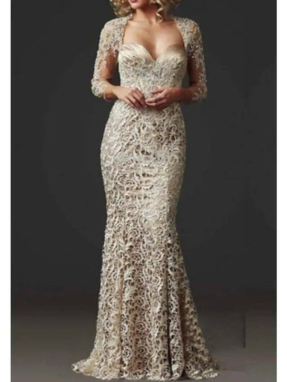 Mermaid / Trumpet Mother of the Bride Dress Elegant Sweetheart Neckline Floor Length Lace 3/4 Length Sleeve with Lace - RongMoon